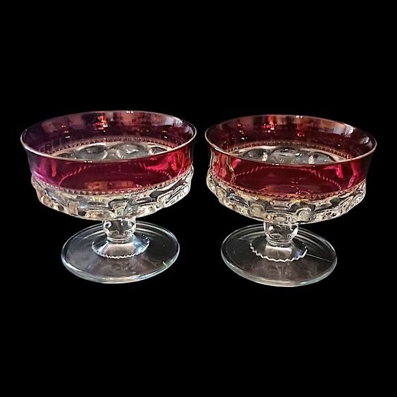 2 Kings Crown Thumbprint Sherbet Dishes Dish Set Ruby Red Flash Indiana Glass - Picture 8 of 16